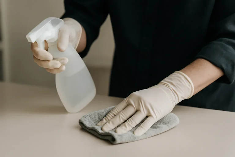 Mains portant des gants nettoyant une surface avec un produit désinfectant