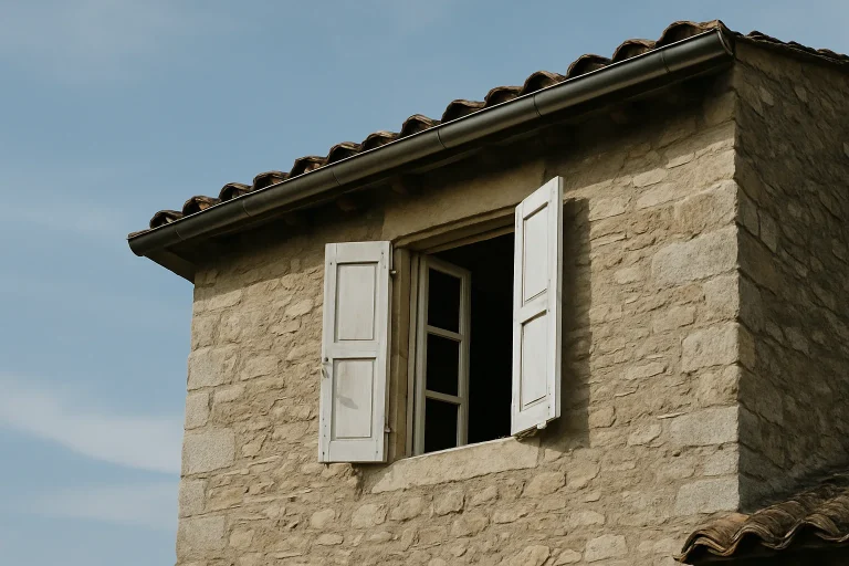 Maison ancienne avec une fenêtre entrouverte, éclairée par le jour, ciel clair.