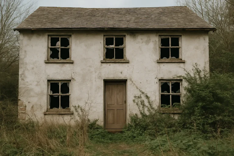 Maison délabrée avec fenêtres brisées et jardin envahi par la végétation.