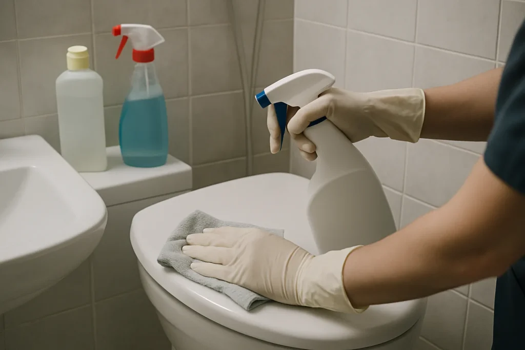Des mains gantées désinfectent une salle de bain dans une maison insalubre.
