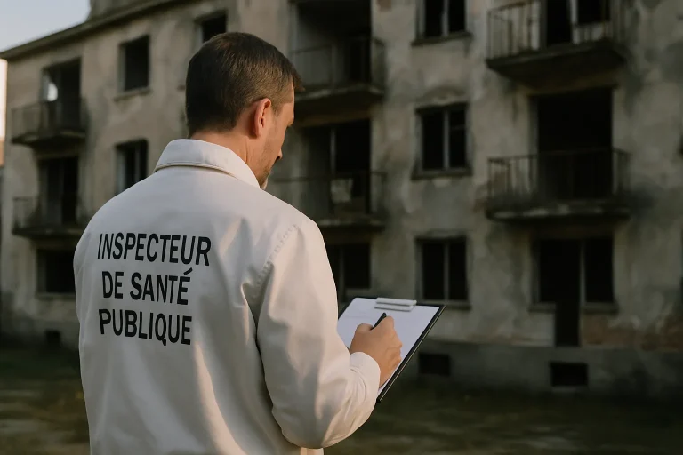 Inspecteur de santé publique prenant des notes devant un immeuble en mauvais état.