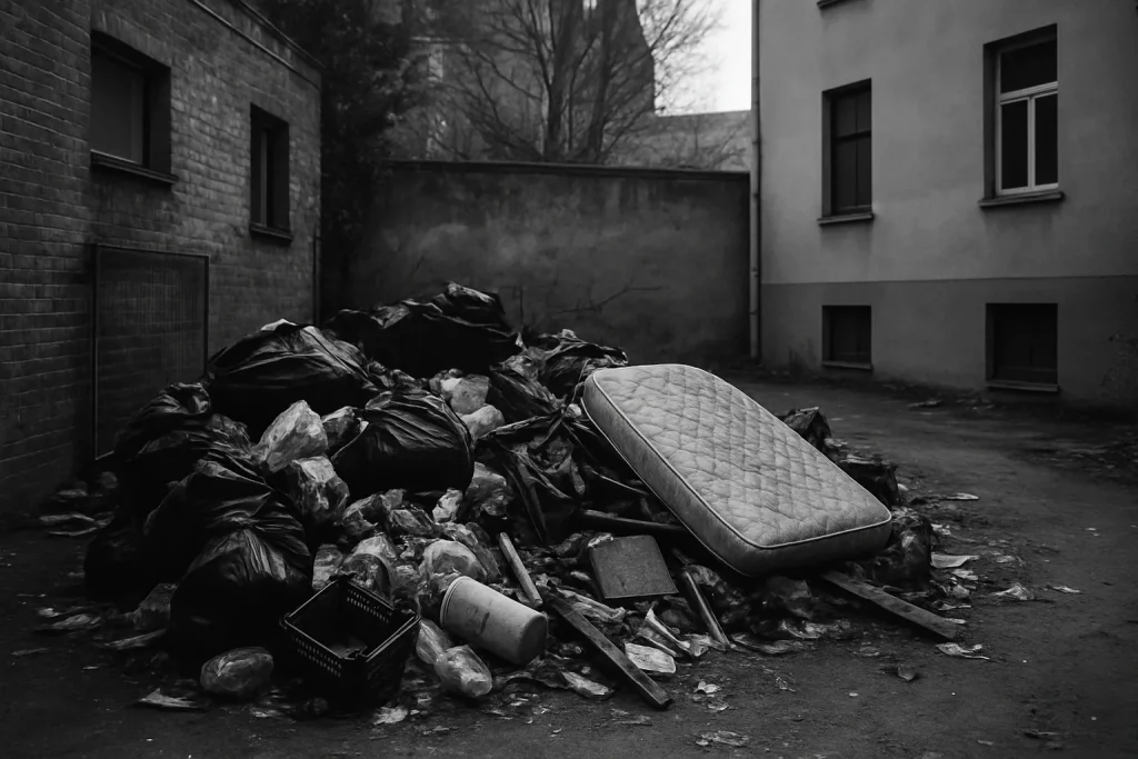Vue en noir et blanc d'une cour remplie de déchets divers sous la lumière du jour.
