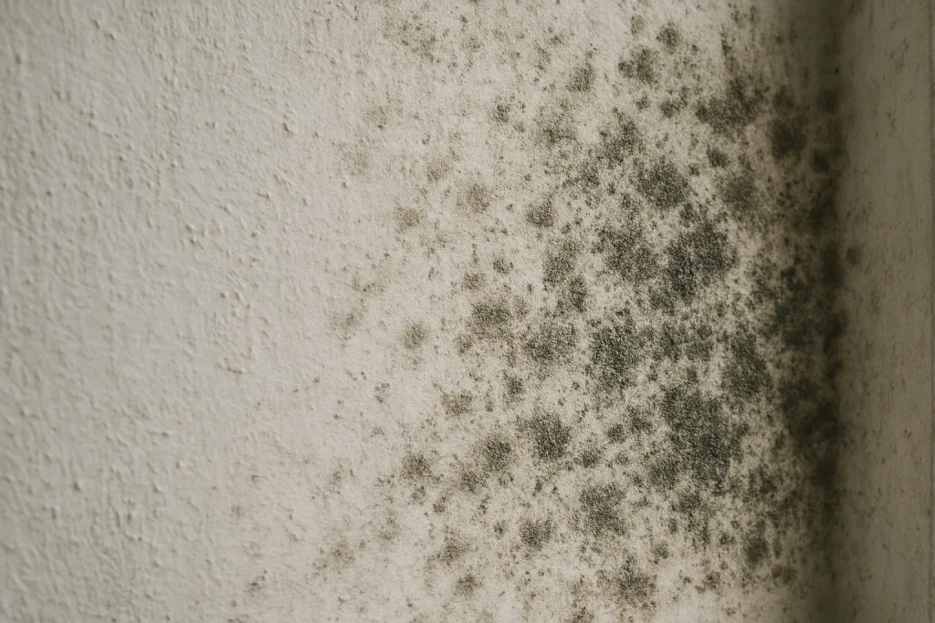 Gros plan sur des moisissures sur une surface murale, spores noirâtres visibles.