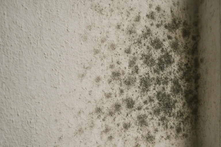 Gros plan sur des moisissures sur une surface murale, spores noirâtres visibles.
