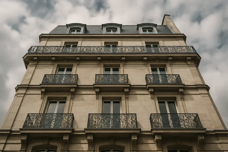 Vue extérieure d'un immeuble ancien avec balcons en fer forgé et ciel nuageux