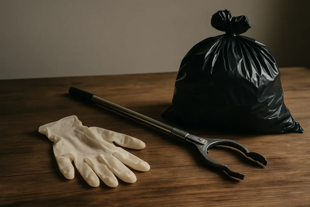 Gants en latex, pince et sac de déchets sur une table, utilisés pour le nettoyage après squat.