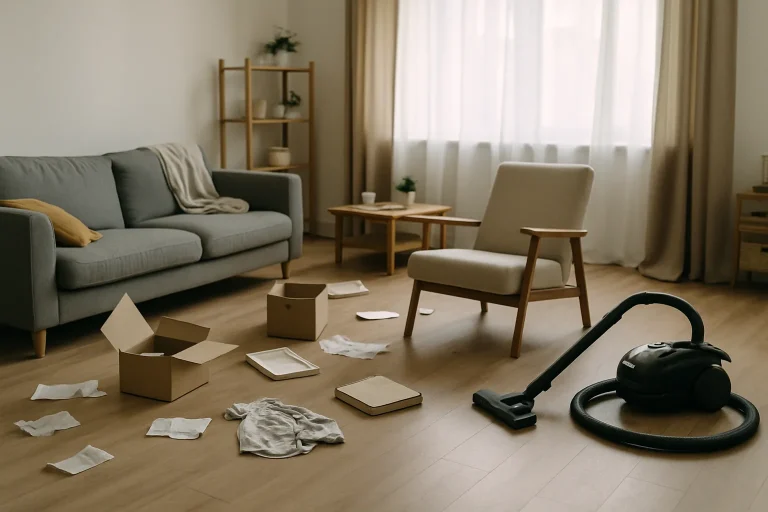 Salon désordonné, meubles déplacés et objets au sol, prêt pour nettoyage.