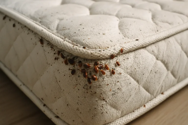 Gros plan sur un matelas avec punaises de lit visibles, éclairage naturel.